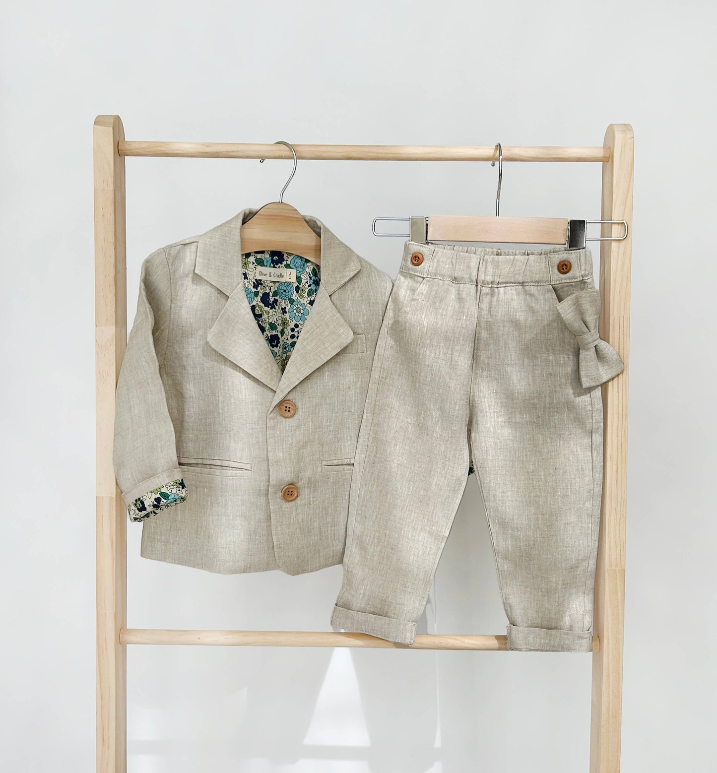 Boys Formal Suit BLAZER+PANTS+BOW Cotton Linen Casual SET : Light Blue Cotton / 4pc Set Blazer+Bow+Pants+Suspenders / 2T