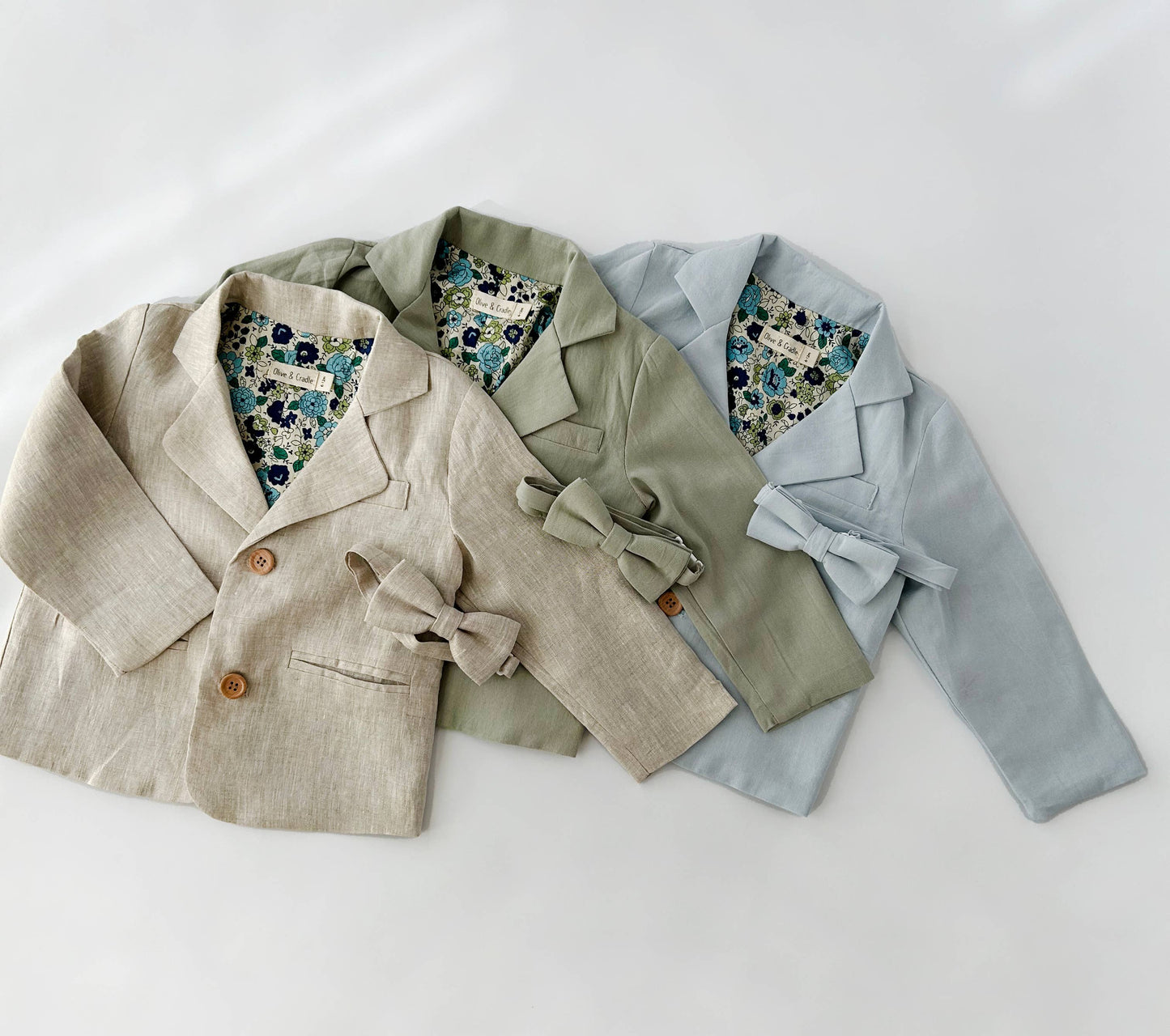 Boys Formal Suit BLAZER+PANTS+BOW Cotton Linen Casual SET : Light Blue Cotton / 4pc Set Blazer+Bow+Pants+Suspenders / 2T