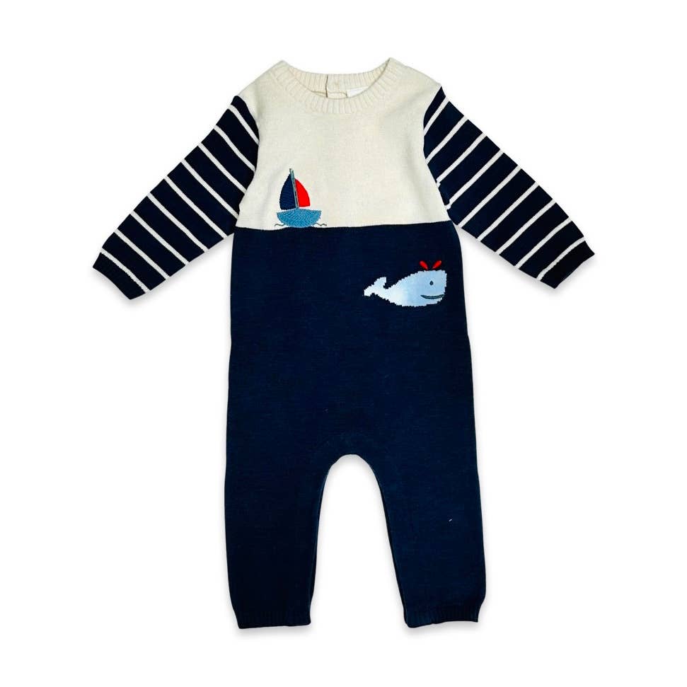 Boat & Whale Jacquard Knit Baby Jumpsuit (Organic Cotton): Navy Blue / 6-12M