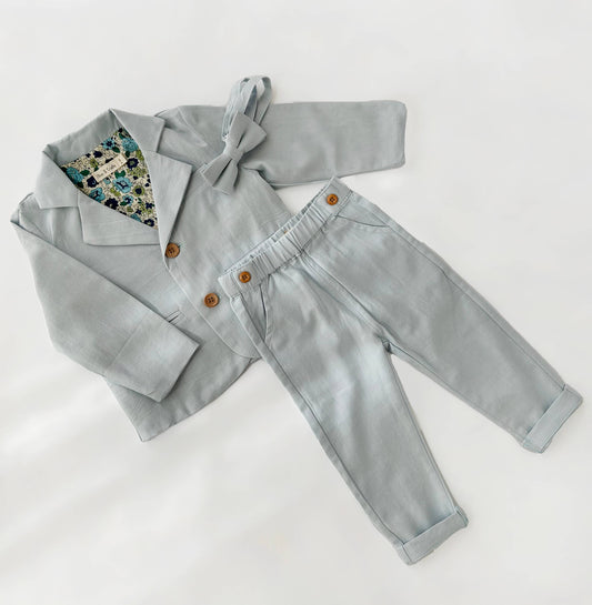 Boys Formal Suit BLAZER+PANTS+BOW Cotton Linen Casual SET : Light Blue Cotton / 4pc Set Blazer+Bow+Pants+Suspenders / 12-24m