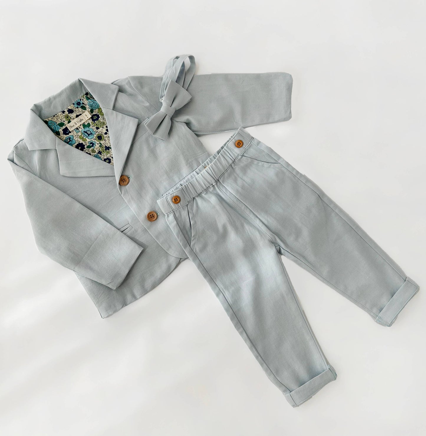 Boys Formal Suit BLAZER+PANTS+BOW Cotton Linen Casual SET : Light Blue Cotton / 4pc Set Blazer+Bow+Pants+Suspenders / 2T