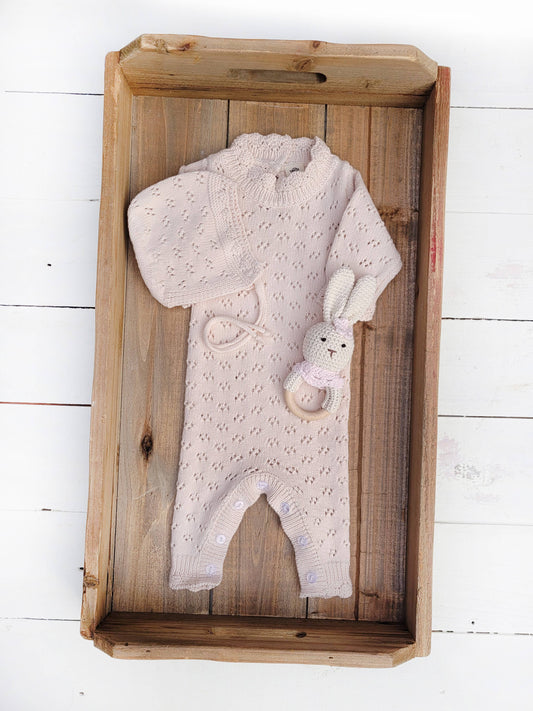 Grace Knitted Romper with Hat 2pc Set Apricot pink or Plum: Light Apricot/pink / 12-18m