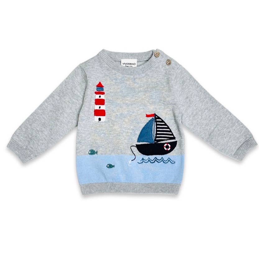 Lighthouse & Boat Baby Knit Pullover & Pants Set (Organic): Grey Heather / 3-6M