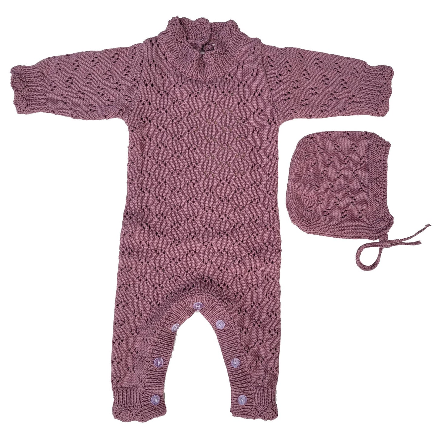 Grace Knitted Romper with Hat 2pc Set Apricot pink or Plum: Plum / 12-18m