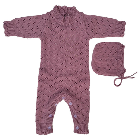 Grace Knitted Romper with Hat 2pc Set Apricot pink or Plum: Plum / 12-18m