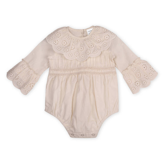 Schiffli Lace Clown Collar Baby Girl Romper (Organic): Natural / 0-3M