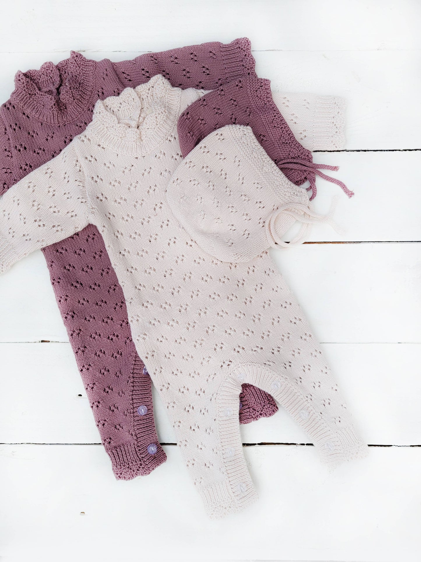 Grace Knitted Romper with Hat 2pc Set Apricot pink or Plum: Plum / 12-18m