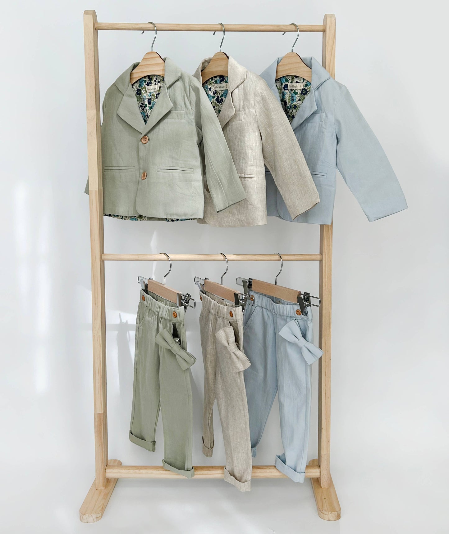 Boys Formal Suit BLAZER+PANTS+BOW Cotton Linen Casual SET : Light Blue Cotton / 4pc Set Blazer+Bow+Pants+Suspenders / 2T