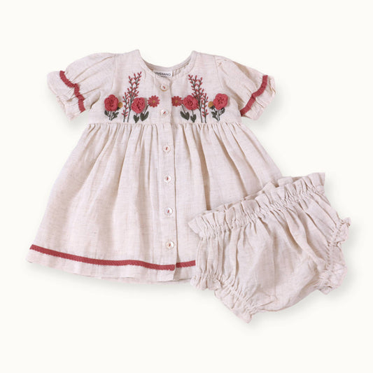 Victoria Embroidered Floral Baby Dress + Bloomer (Linen): Natural / 3T