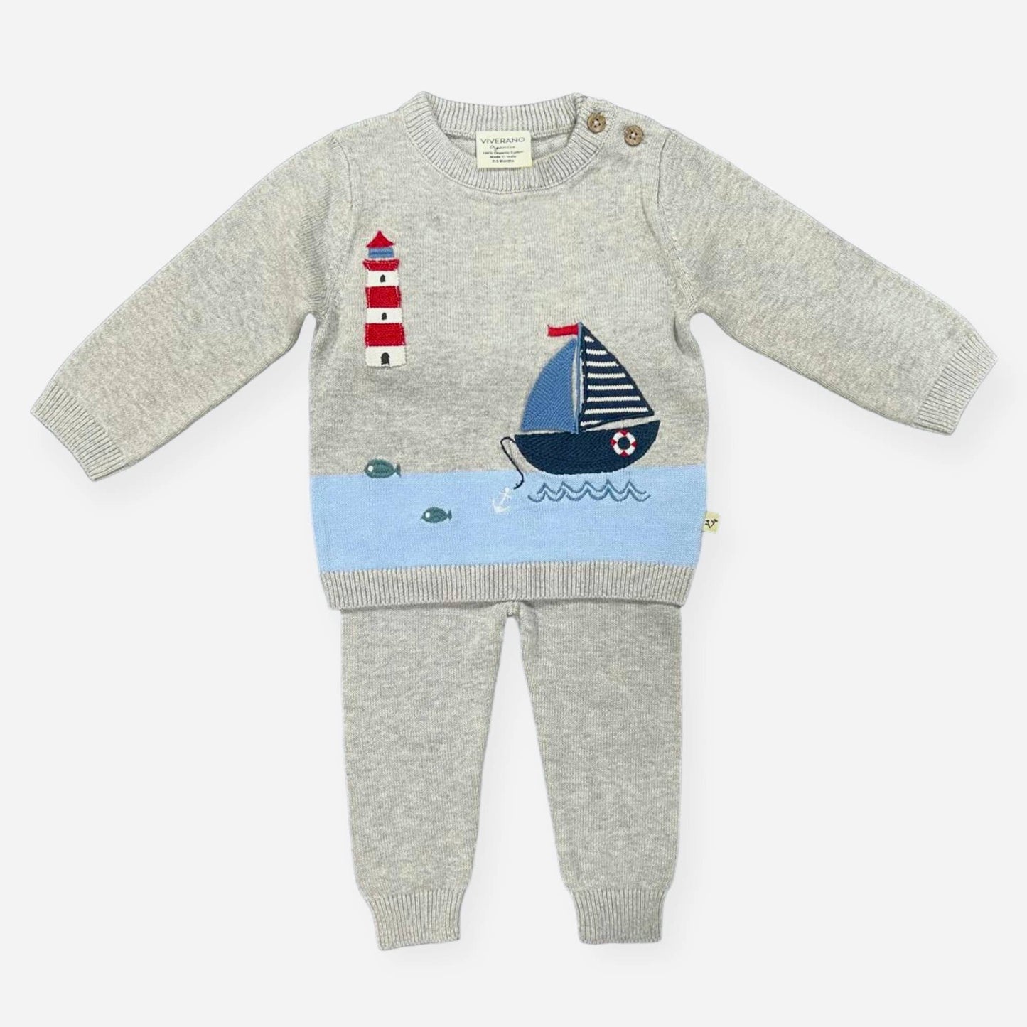Lighthouse & Boat Baby Knit Pullover & Pants Set (Organic): Grey Heather / 0-3M