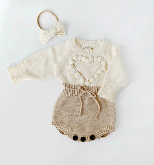 Baby Girl HEART Sweater Romper Knit Outfit| combo options: Romper w/ Bow + Socks / 6-12M