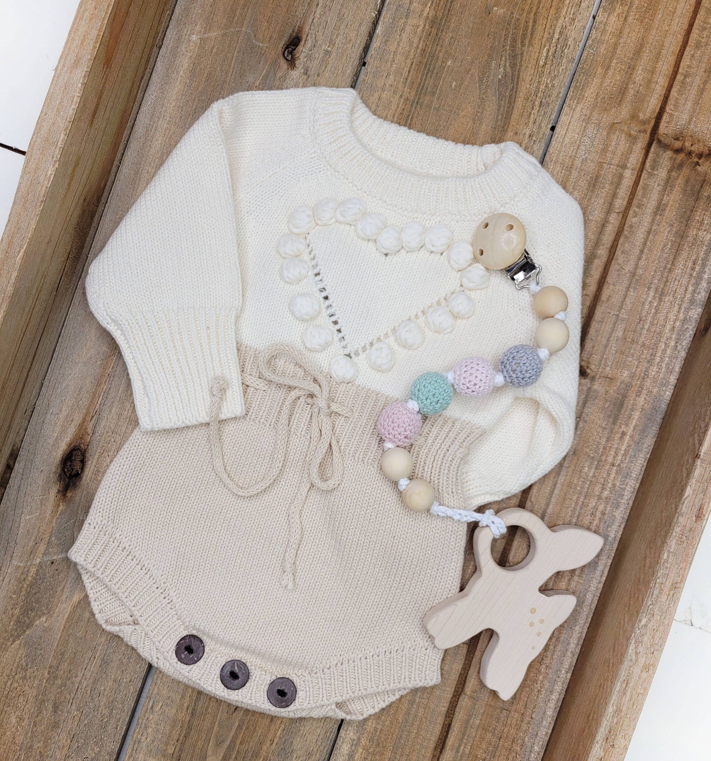 Baby Girl HEART Sweater Romper Knit Outfit| combo options: Romper w/ Bow + Socks / NB (NEW BORN)