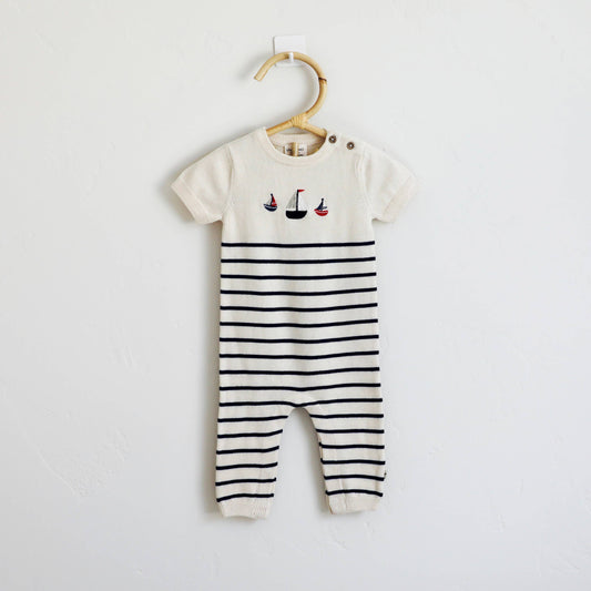 Sailboat Embroidered Knit Short Sleeve Baby Jumpsuit Organic: Natural / 6-12M