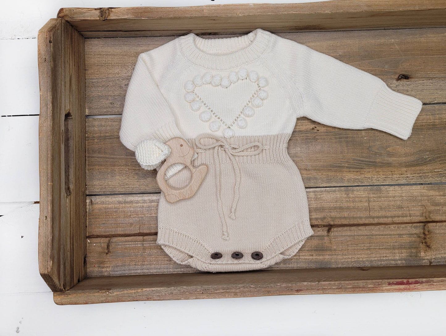 Baby Girl HEART Sweater Romper Knit Outfit| combo options: Romper w/ Bow + Socks / NB (NEW BORN)