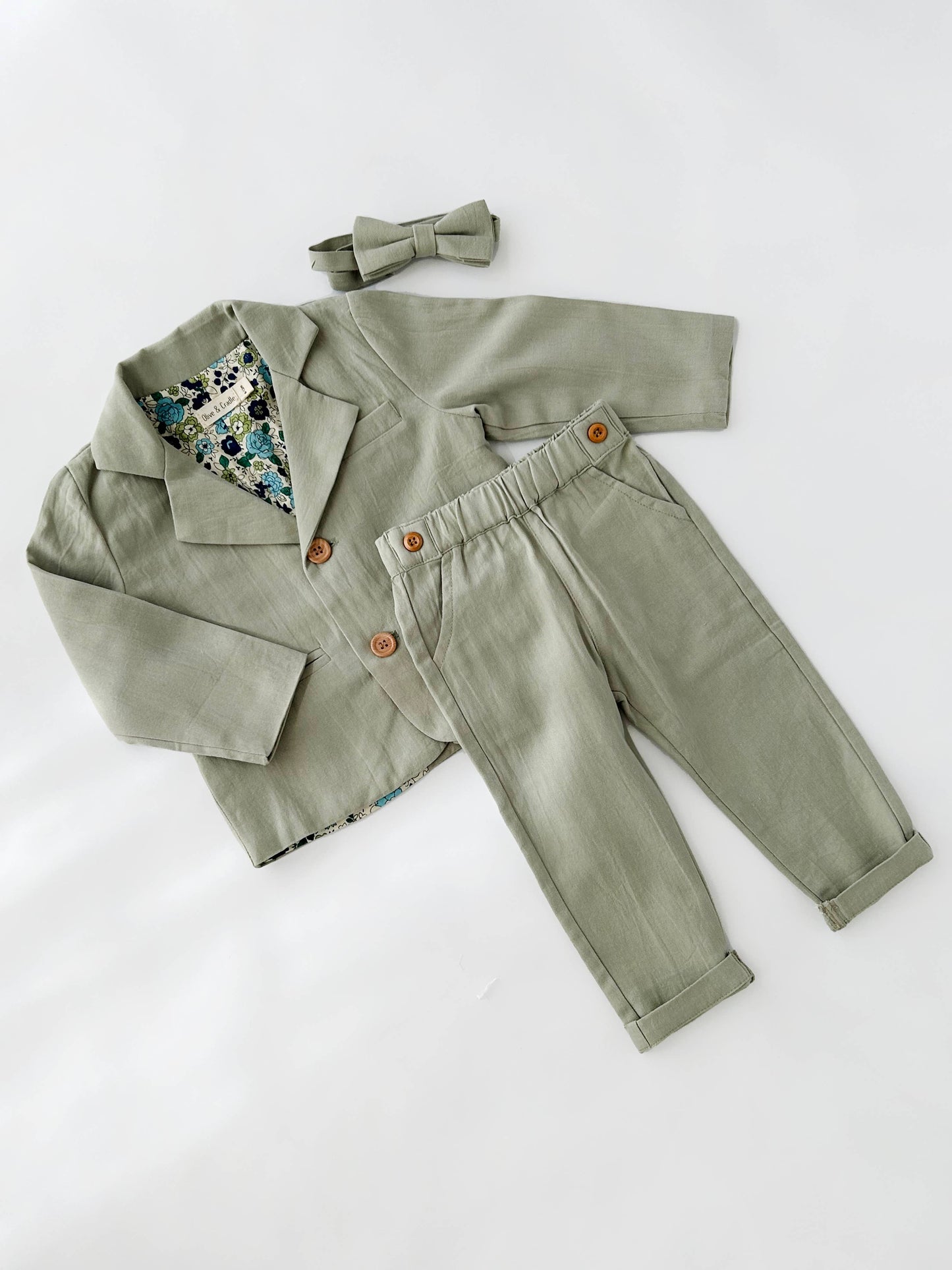 Boys Formal Suit BLAZER+PANTS+BOW Cotton Linen Casual SET : Light Blue Cotton / 4pc Set Blazer+Bow+Pants+Suspenders / 2T
