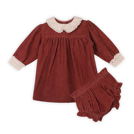 Lace Collar Velvet Baby Girl Dress & Bloomer Set (Organic): Apple Butter / 18-24M