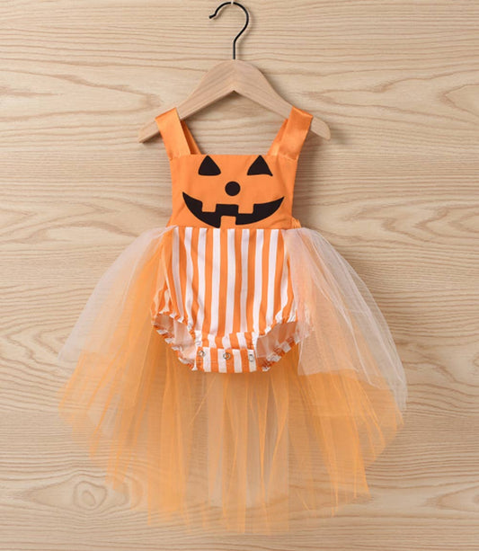 Orange Pumpkin Striped Tulle Skirt Romper Baby Girl Costume: 12-18M