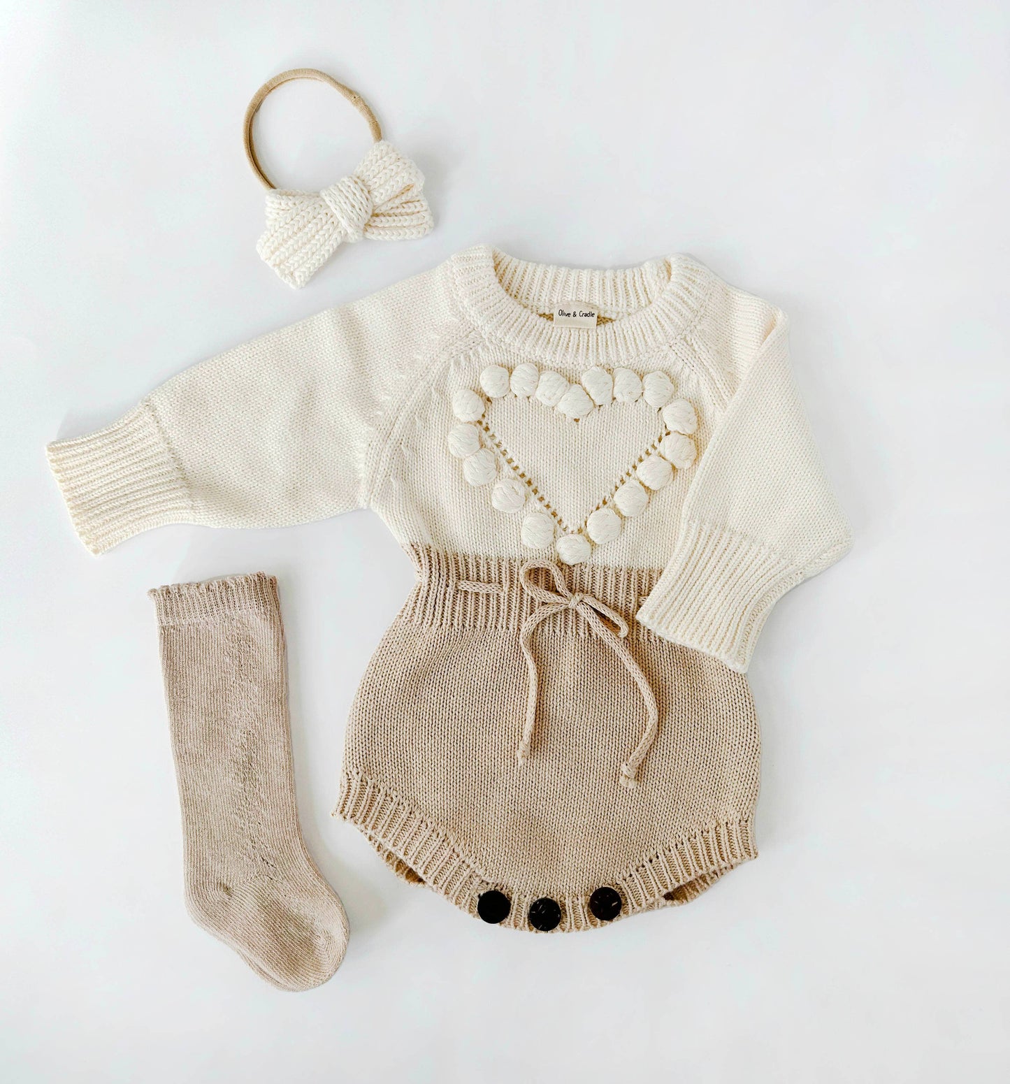 Baby Girl HEART Sweater Romper Knit Outfit| combo options: Romper w/ Bow + Socks / NB (NEW BORN)